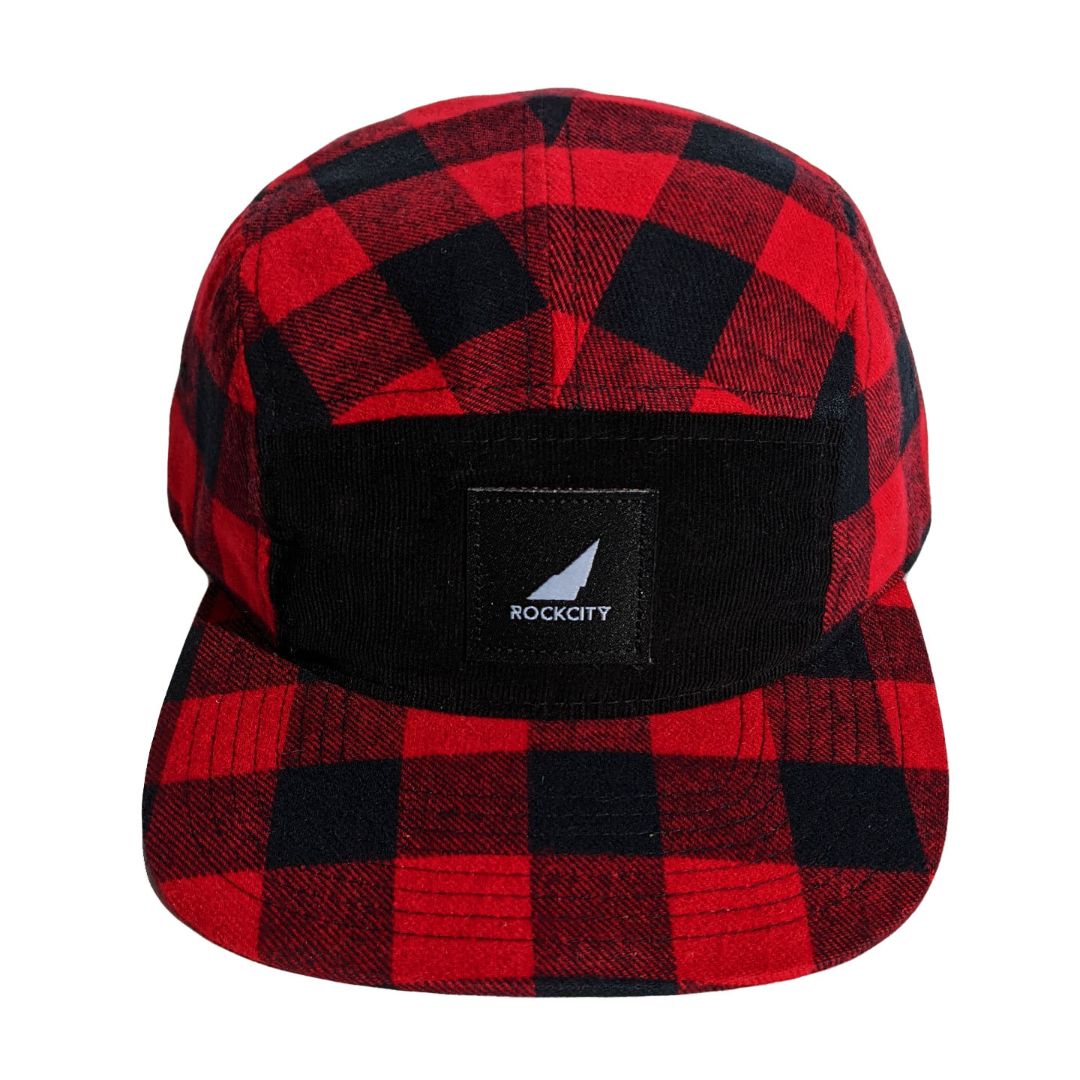 5 panel plaid strapback black and red black patch front