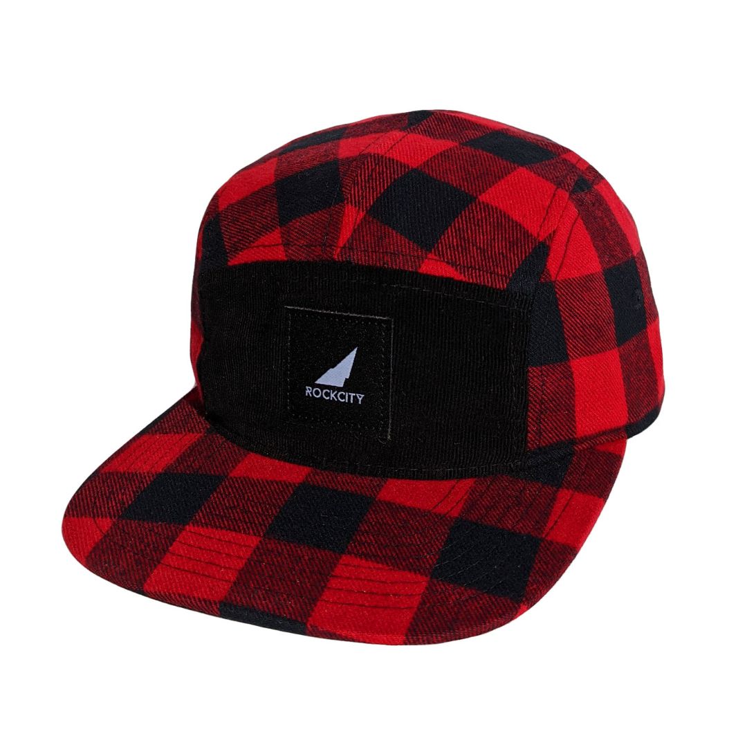 5 panel plaid strapback black and red black patch