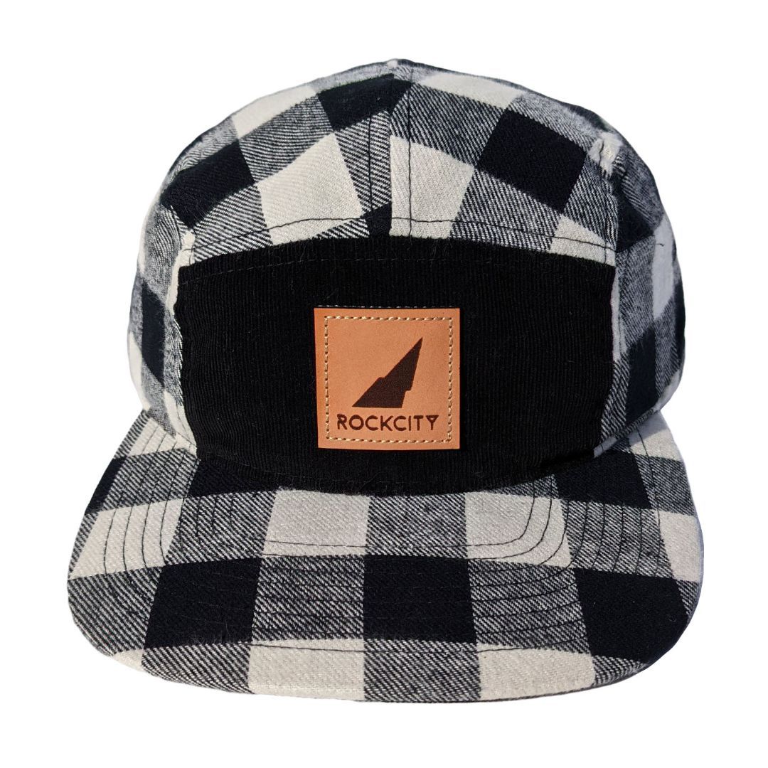 5 panel plaid strapback black and white leather patch front