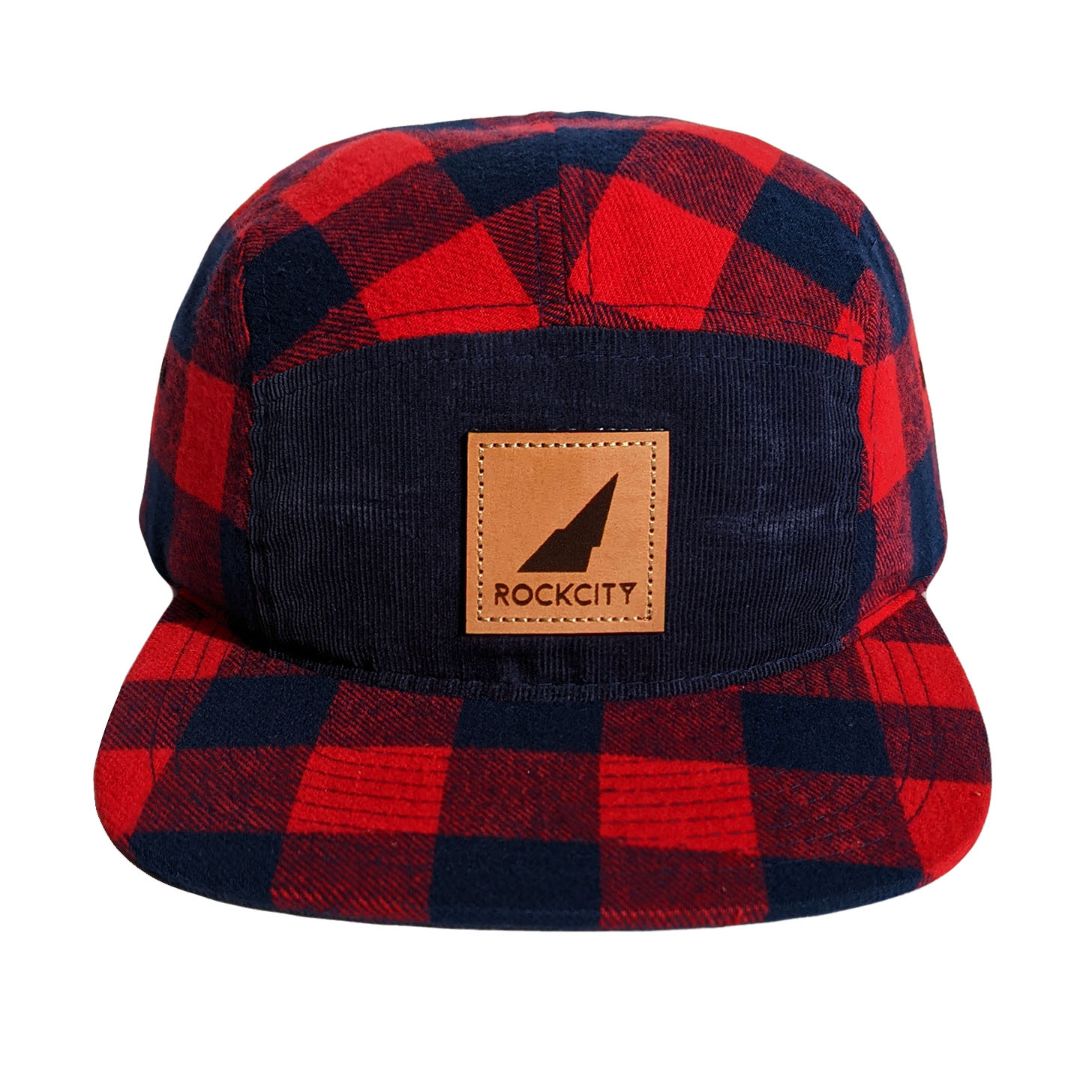 5 panel plaid strapback navy and red leather patch front