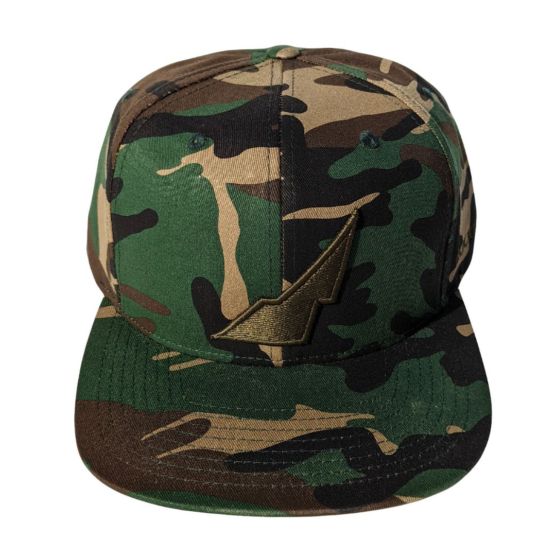 6 panel snapback olive on camo embroidery front