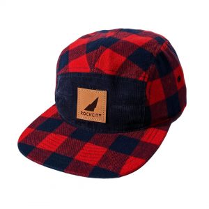 5 panel plaid strapback navy and red leather patch